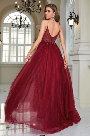 Sparkly Burgundy Beaded Long Tylle Prom Dress med Slit